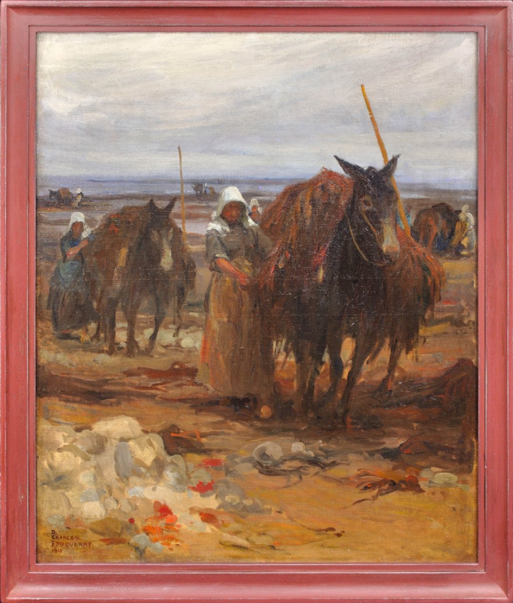 An early twentieth-century framed oil painting depicting figures and horses collecting seaweed along a muted Breton shoreline.