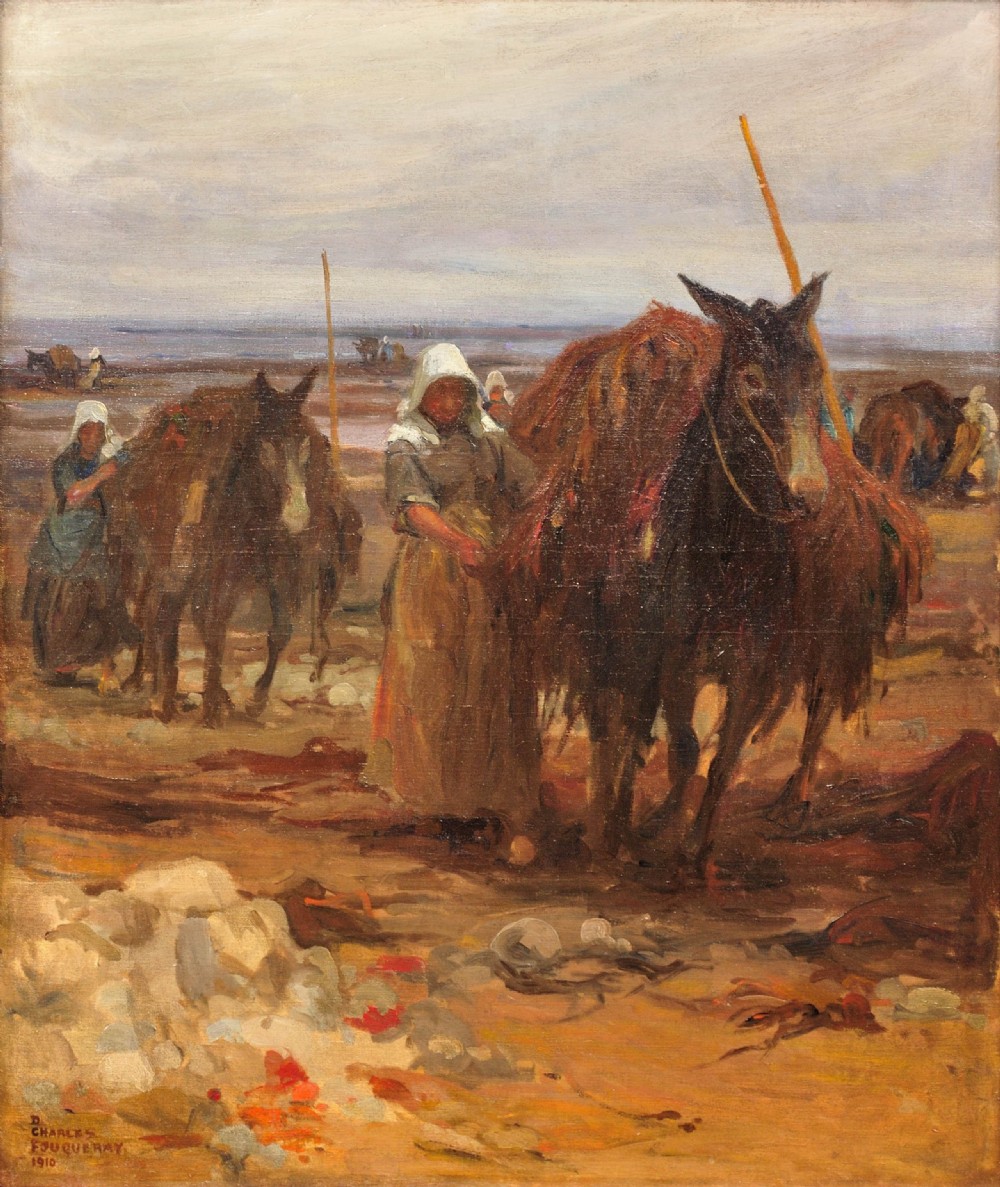An early twentieth-century framed oil painting depicting figures and horses collecting seaweed along a muted Breton shoreline. View II