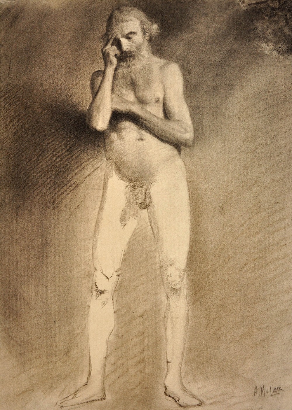 A framed mid-19th-century graphite drawing on paper depicting a full-length standing bearded male nude life study. View II