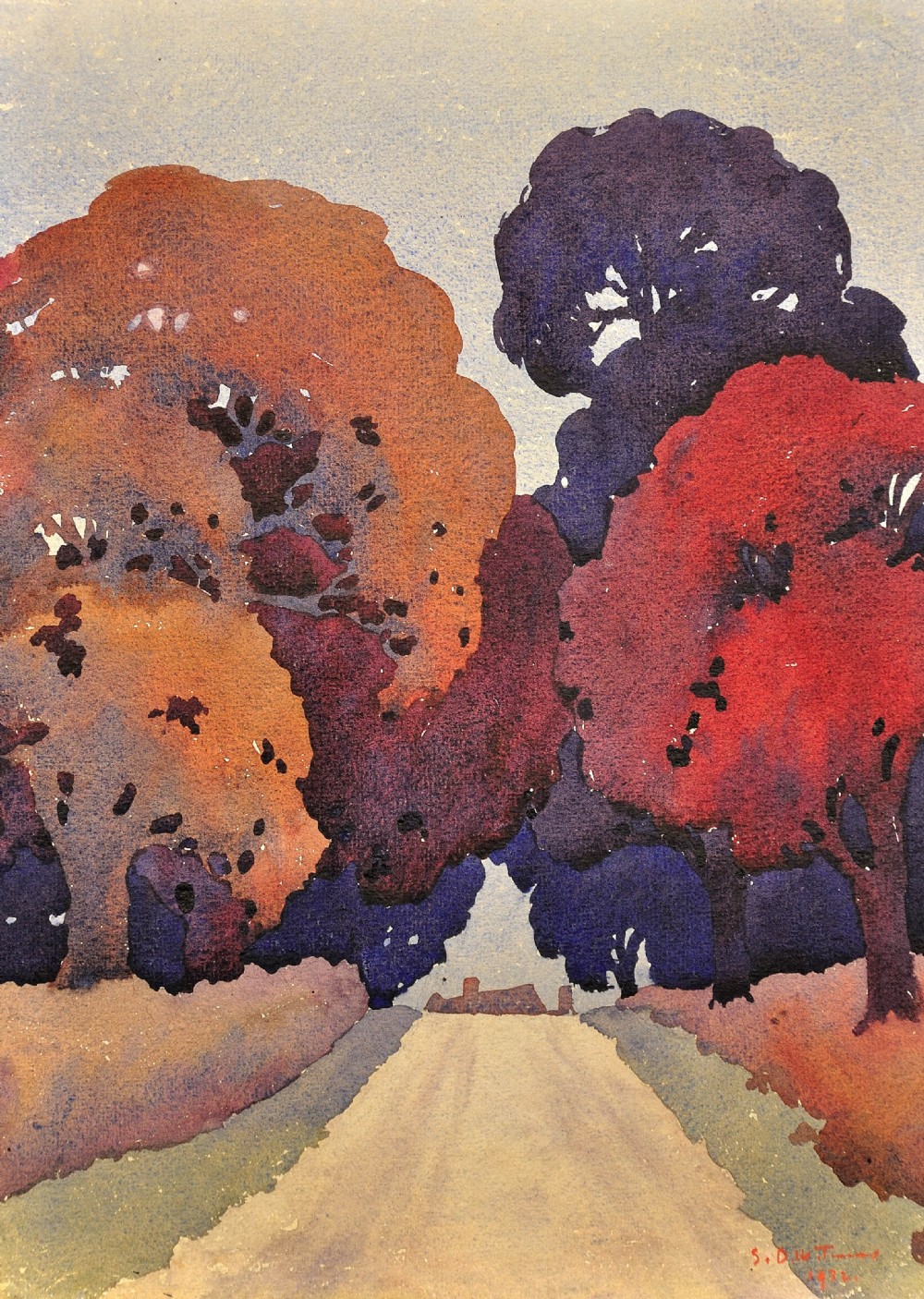 A framed Art Deco watercolour painting depicting a country lane flanked by stylised trees with vibrant red, purple, and orange foliage leading towards distant cottages. View II