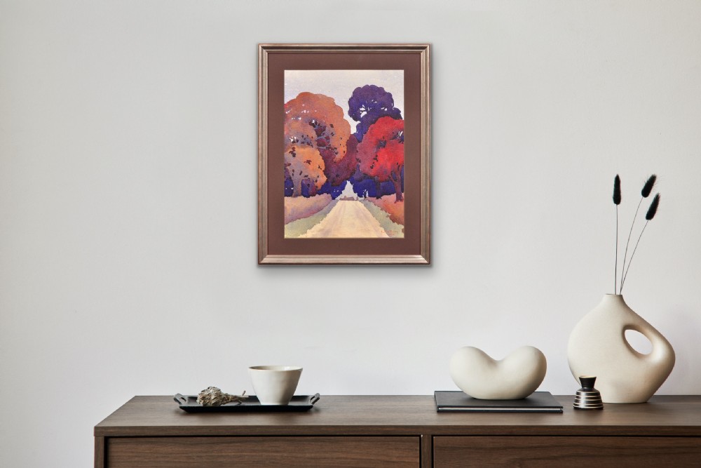 A framed Art Deco watercolour painting depicting a country lane flanked by stylised trees with vibrant red, purple, and orange foliage leading towards distant cottages. View XVI