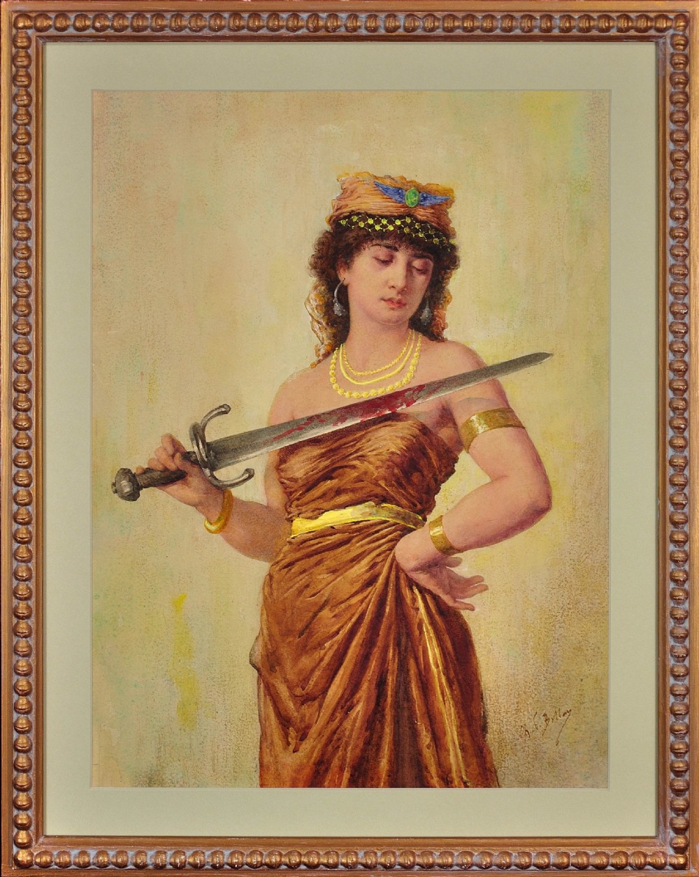 A framed nineteenth-century watercolour painting depicting a woman in draped ochre robes holding a sword across her torso.