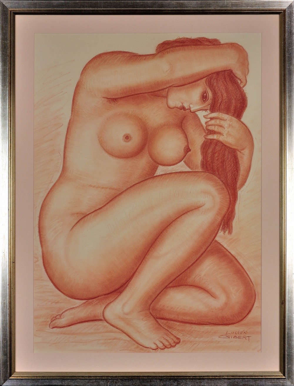 A framed 1930s Art Deco sanguine chalk drawing depicting a crouching female nude holding her auburn hair, signed by Lucien Gibert.
