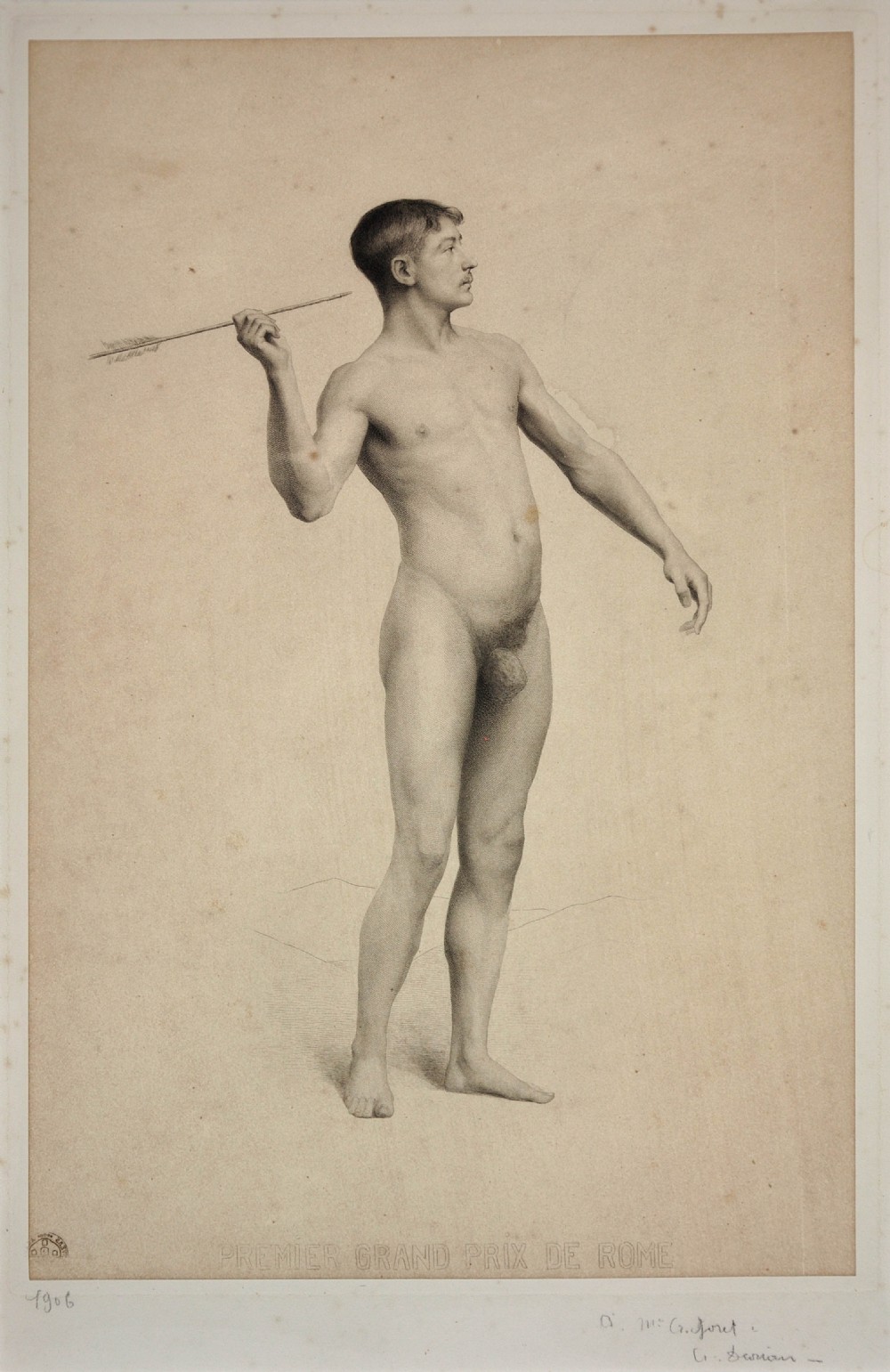 A black-framed sepia print depicting a full-length male nude standing in profile while holding an arrow, featuring French inscriptions at the bottom. View II