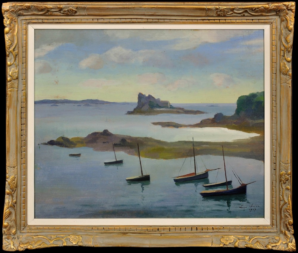 A framed 1927 French oil painting depicting sailboats moored in the calm waters of the Gulf of Morbihan under a cloudy sky.
