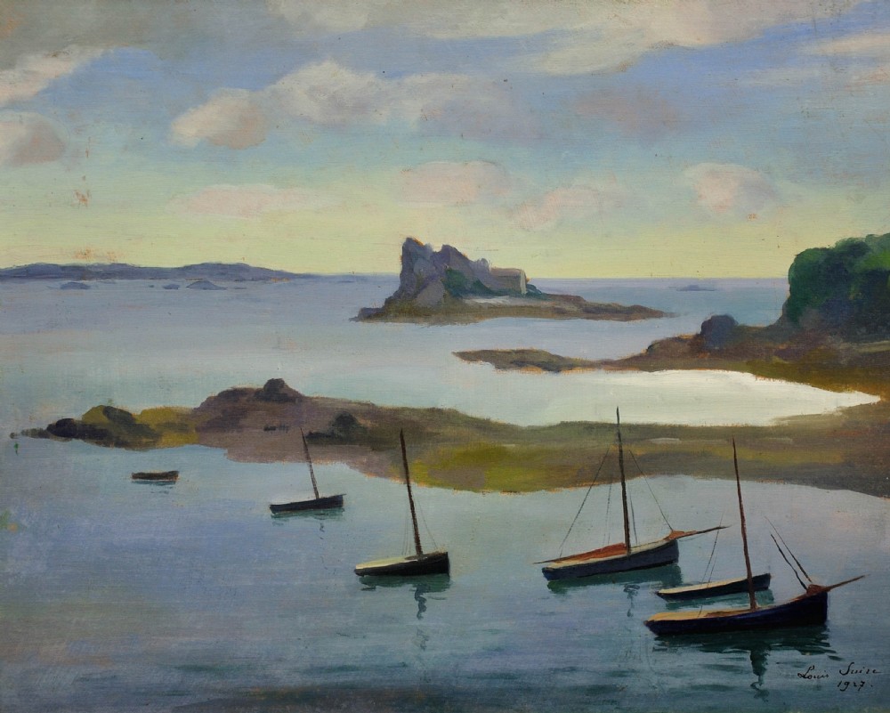 A framed 1927 French oil painting depicting sailboats moored in the calm waters of the Gulf of Morbihan under a cloudy sky. View II