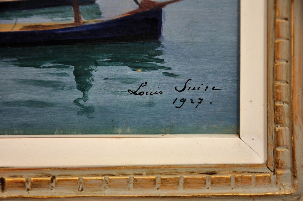 A framed 1927 French oil painting depicting sailboats moored in the calm waters of the Gulf of Morbihan under a cloudy sky. View III