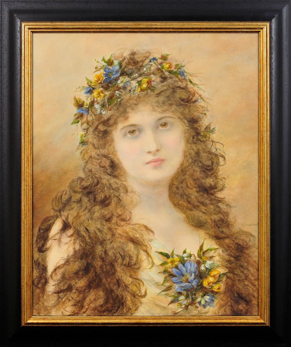 A framed Victorian watercolour and gouache portrait depicting a young woman with long cascading brown hair adorned with a crown of colorful spring flowers.