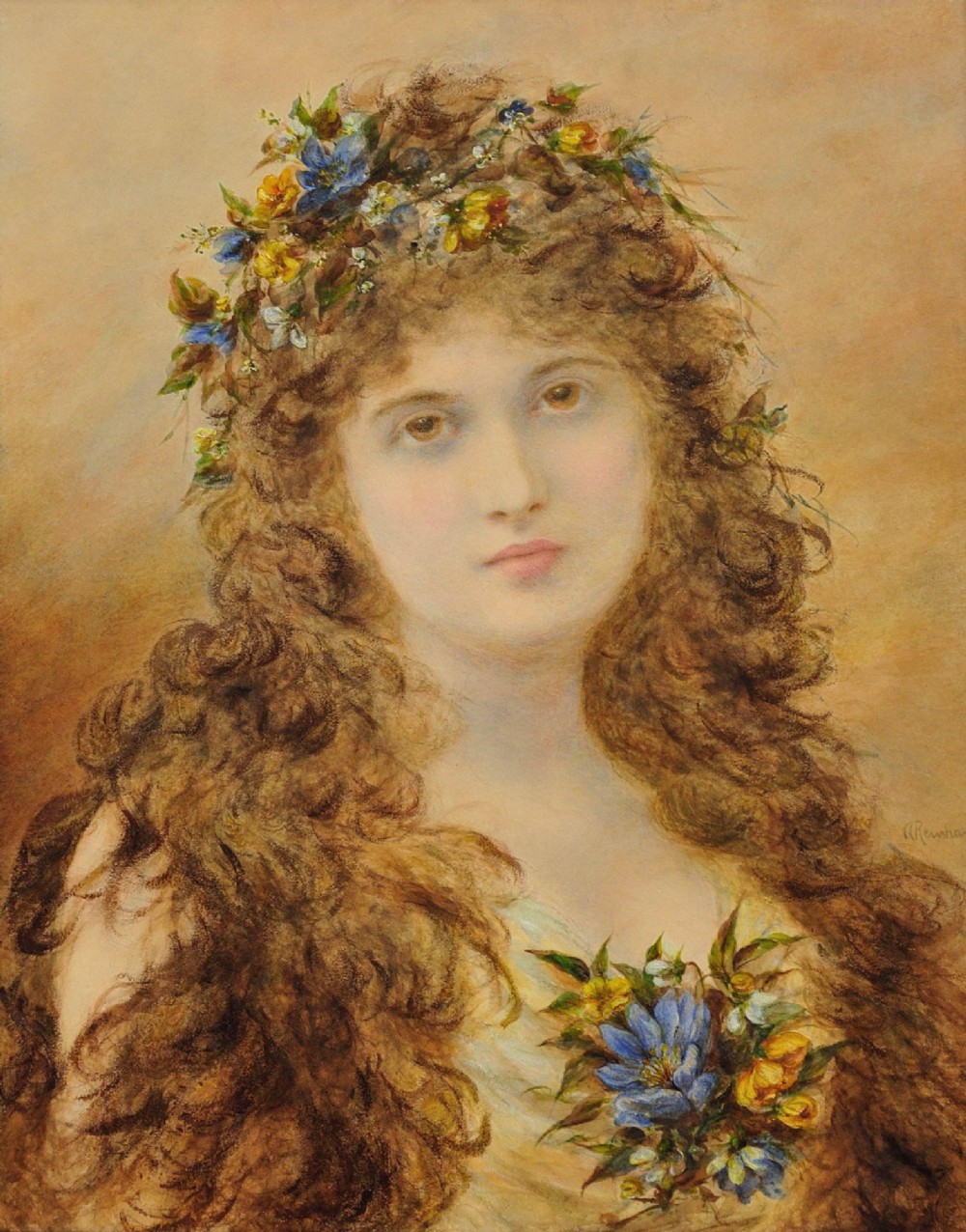 A framed Victorian watercolour and gouache portrait depicting a young woman with long cascading brown hair adorned with a crown of colorful spring flowers. View II