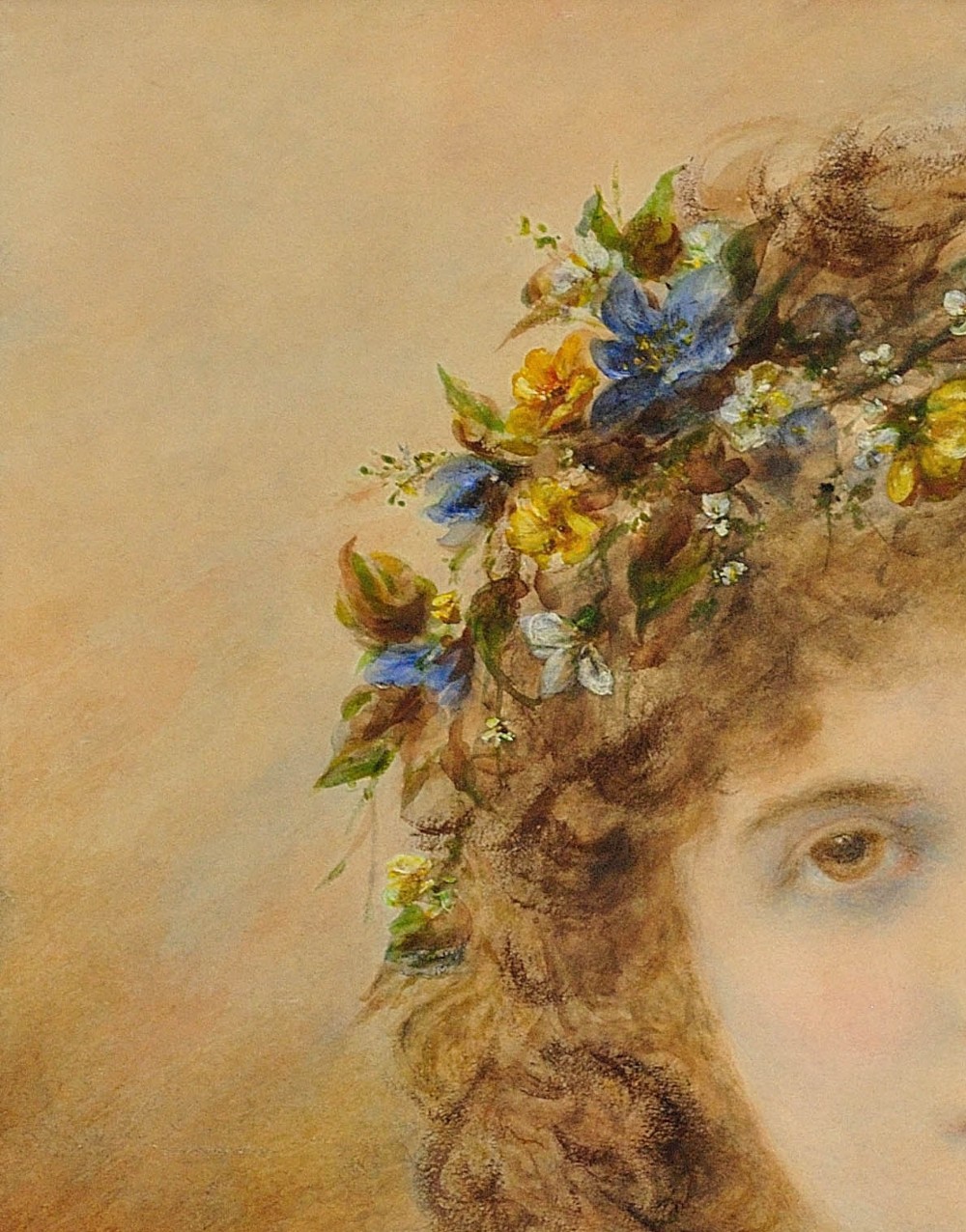 A framed Victorian watercolour and gouache portrait depicting a young woman with long cascading brown hair adorned with a crown of colorful spring flowers. View VI