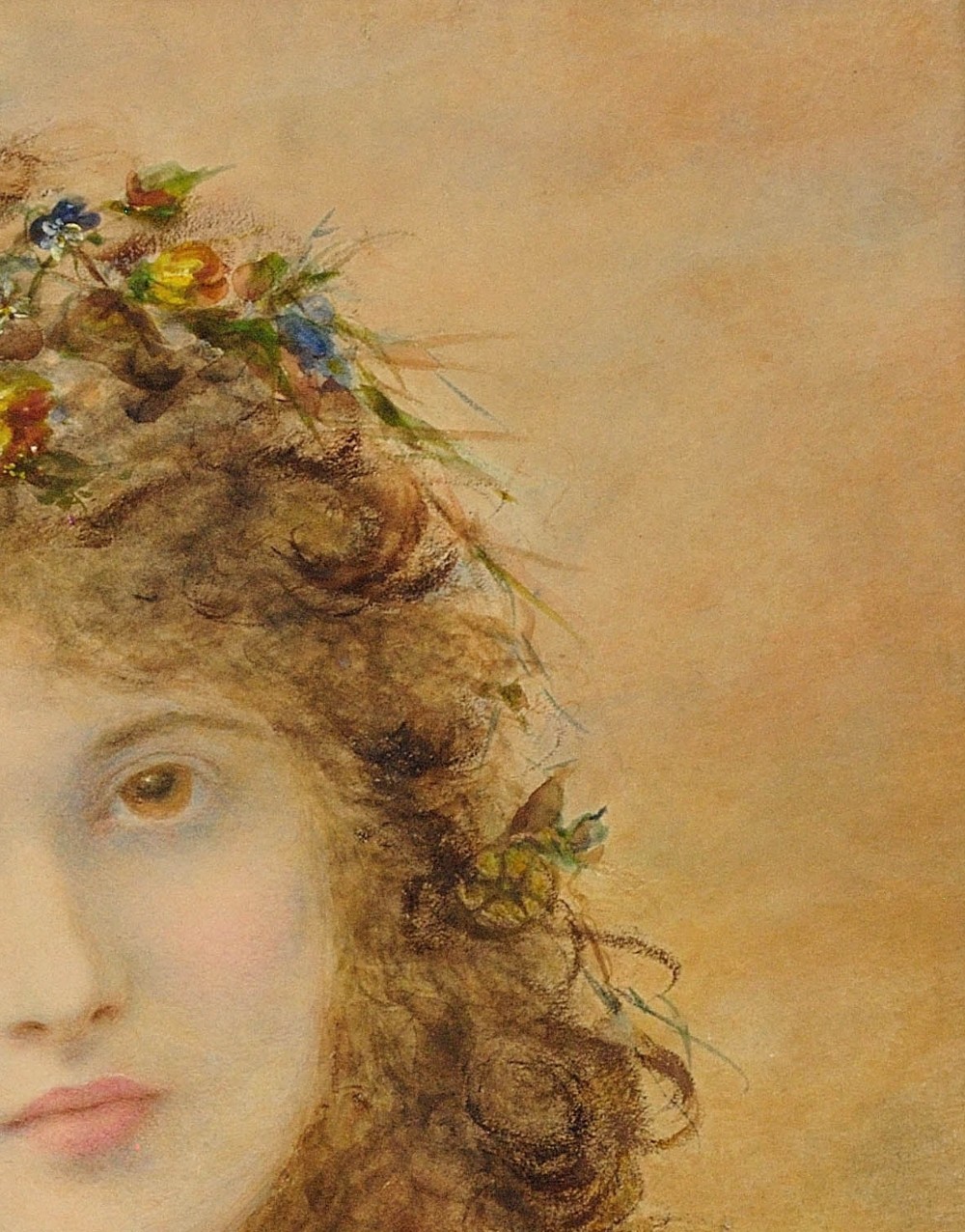A framed Victorian watercolour and gouache portrait depicting a young woman with long cascading brown hair adorned with a crown of colorful spring flowers. View VII