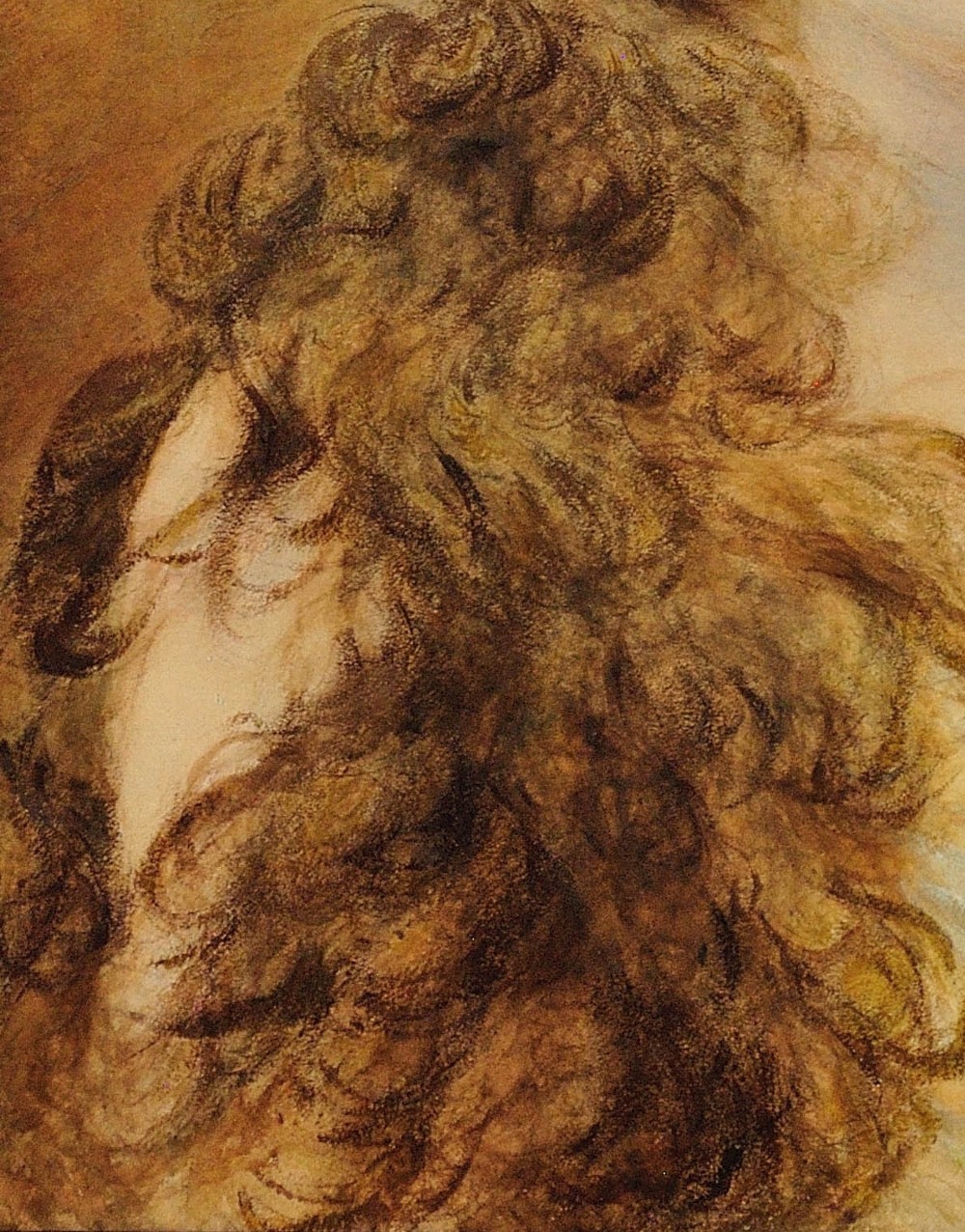 A framed Victorian watercolour and gouache portrait depicting a young woman with long cascading brown hair adorned with a crown of colorful spring flowers. View VIII