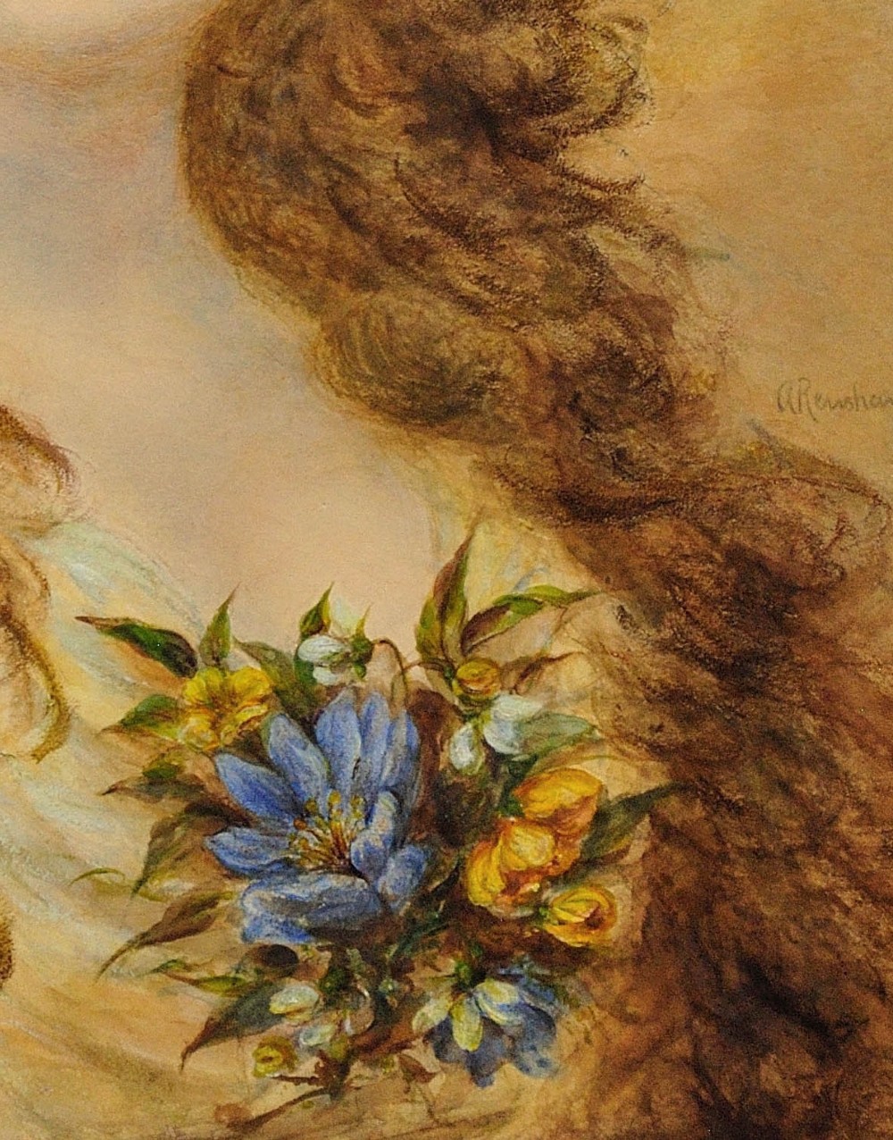 A framed Victorian watercolour and gouache portrait depicting a young woman with long cascading brown hair adorned with a crown of colorful spring flowers. View IX