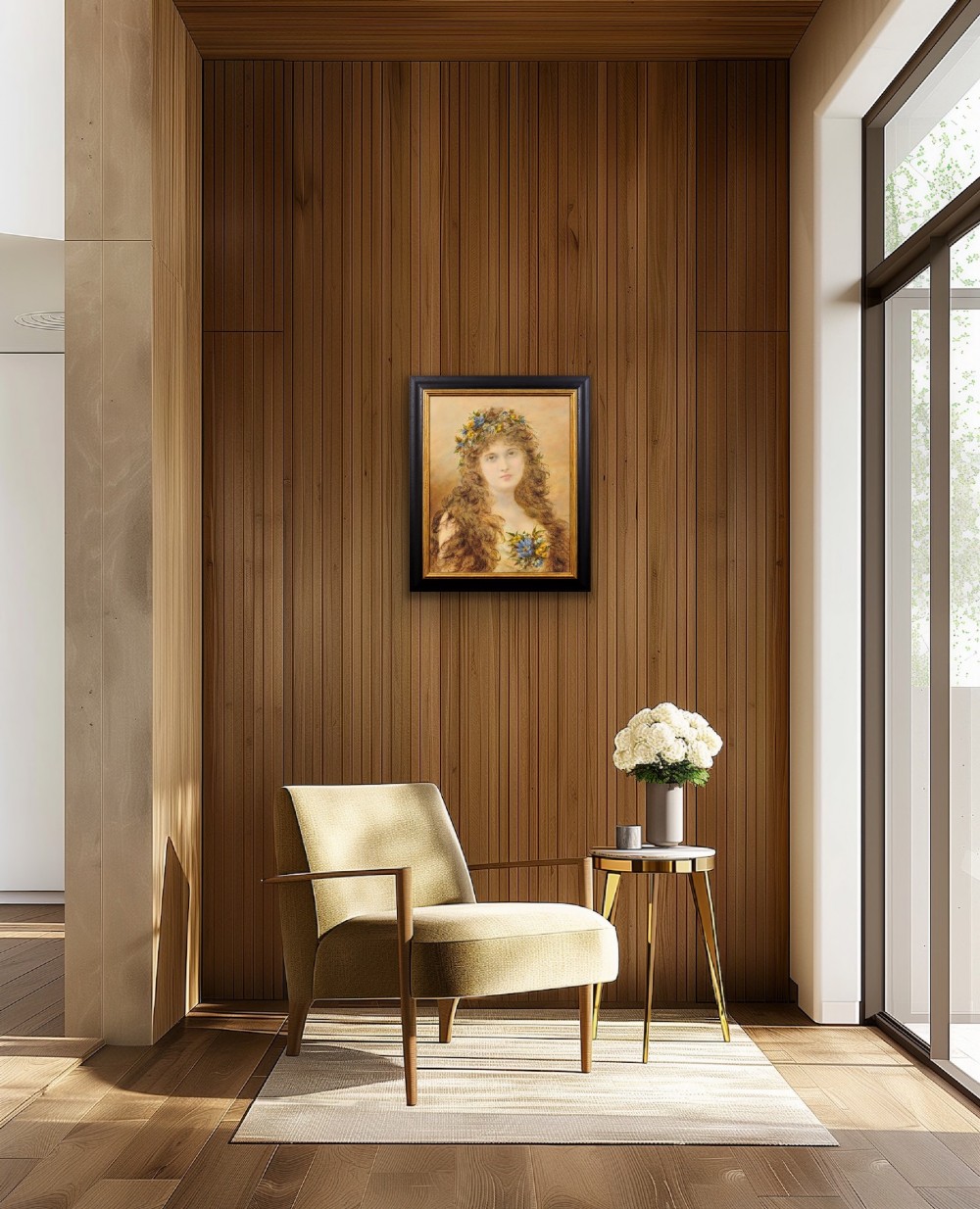 A framed Victorian watercolour and gouache portrait depicting a young woman with long cascading brown hair adorned with a crown of colorful spring flowers. View X