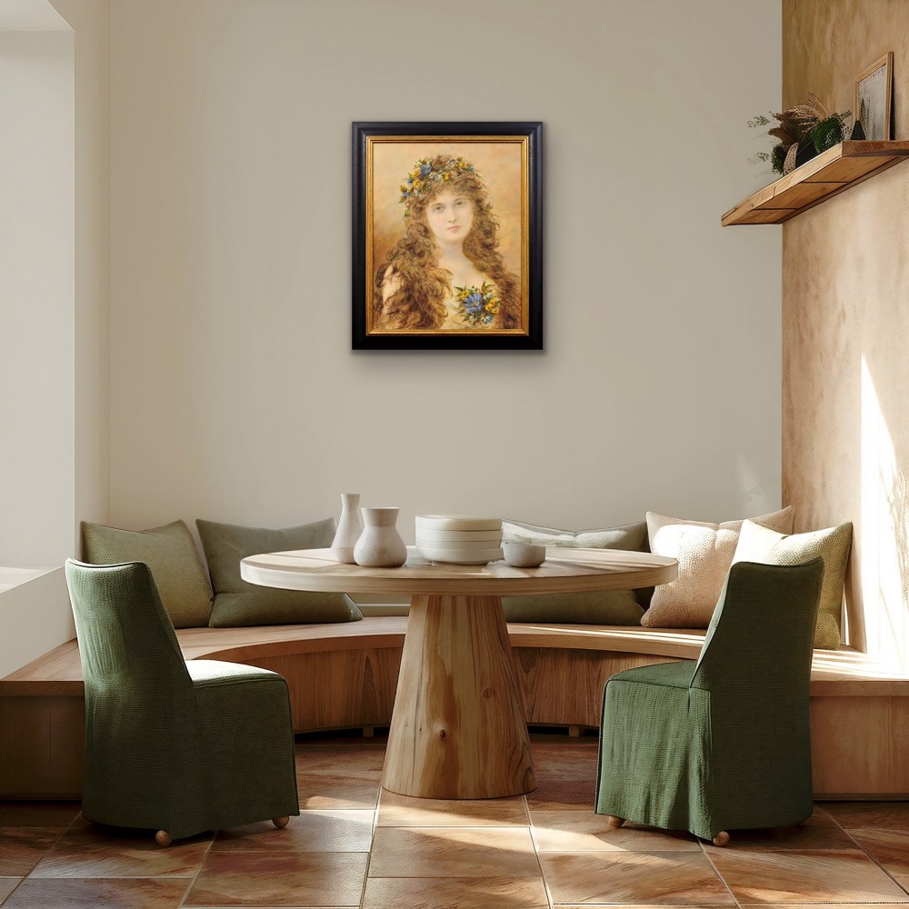 A framed Victorian watercolour and gouache portrait depicting a young woman with long cascading brown hair adorned with a crown of colorful spring flowers. View XI