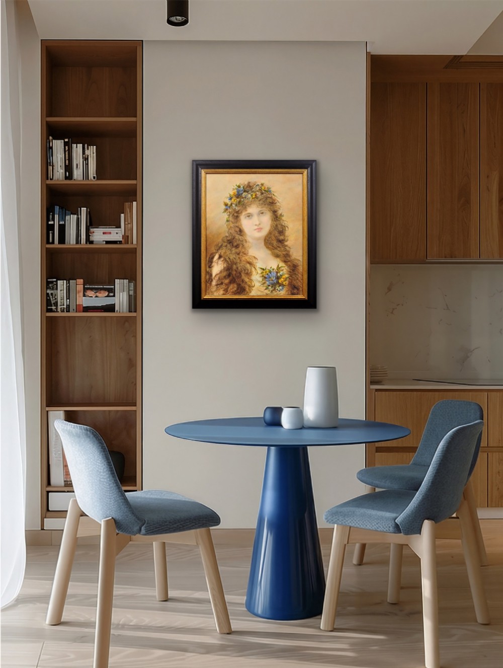 A framed Victorian watercolour and gouache portrait depicting a young woman with long cascading brown hair adorned with a crown of colorful spring flowers. View XII