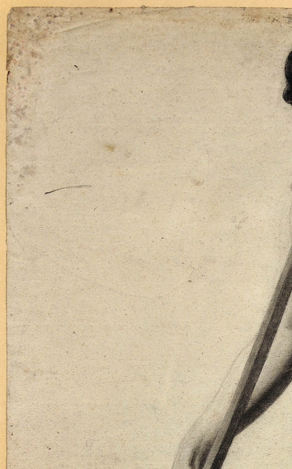 A nineteenth-century framed charcoal drawing on light cream paper depicting a full-length standing male nude holding a long staff. View V