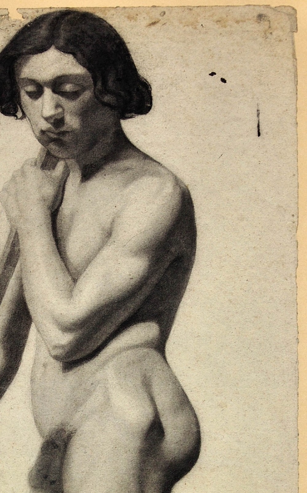A nineteenth-century framed charcoal drawing on light cream paper depicting a full-length standing male nude holding a long staff. View VI