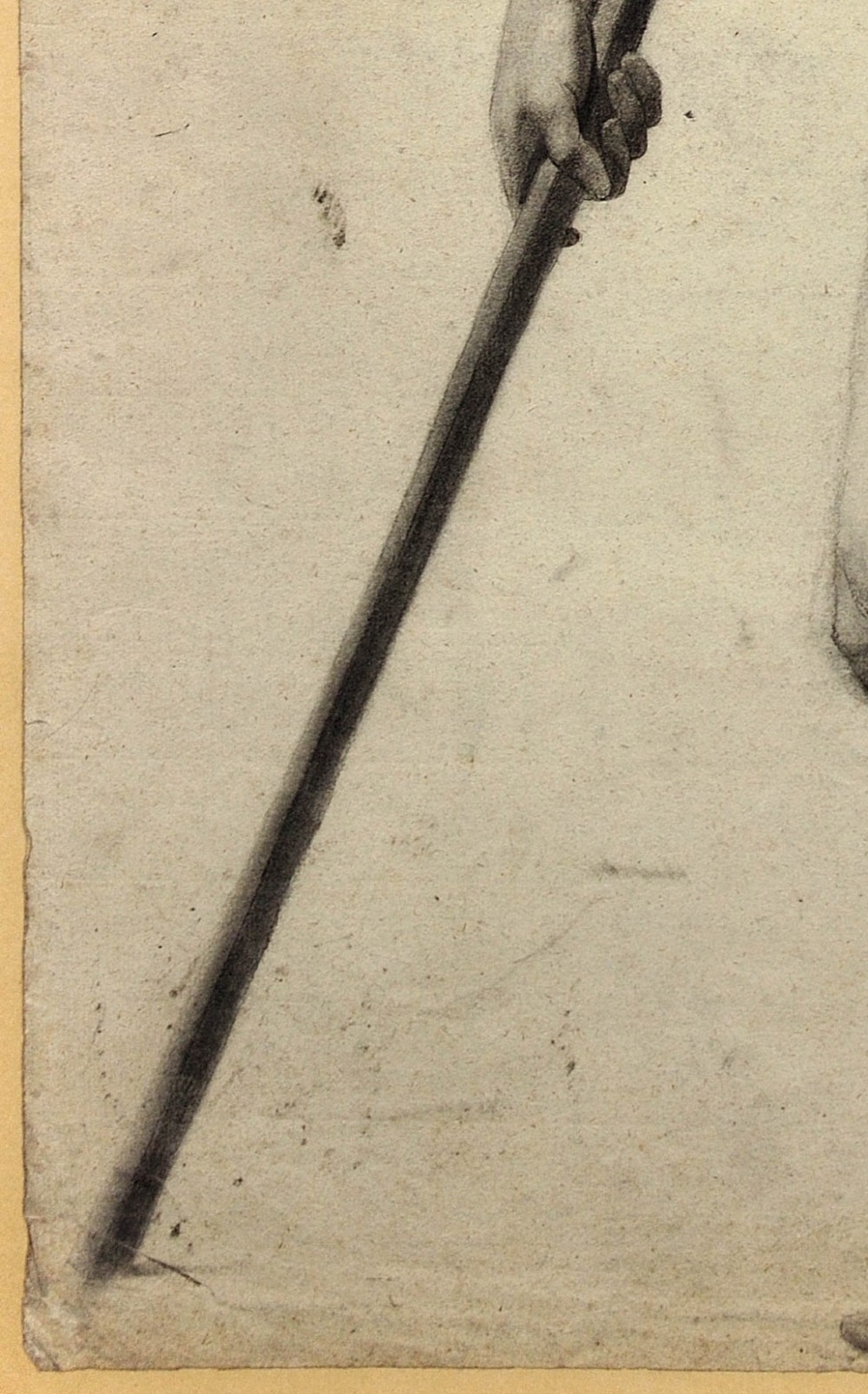 A nineteenth-century framed charcoal drawing on light cream paper depicting a full-length standing male nude holding a long staff. View VII