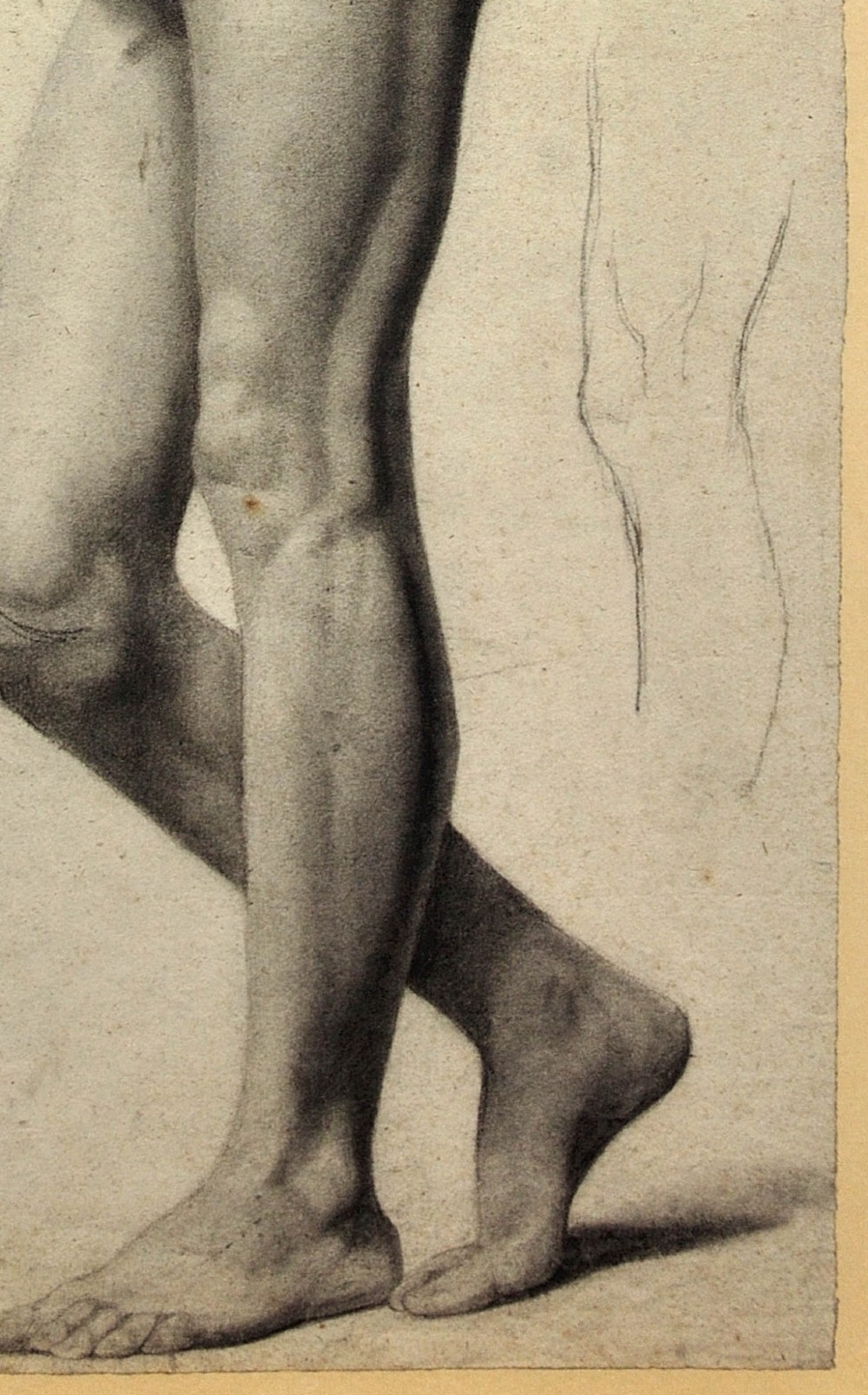 A nineteenth-century framed charcoal drawing on light cream paper depicting a full-length standing male nude holding a long staff. View VIII