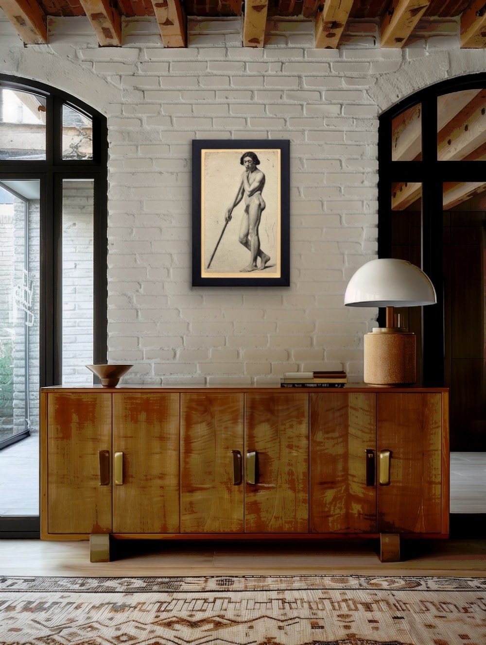 A nineteenth-century framed charcoal drawing on light cream paper depicting a full-length standing male nude holding a long staff. View XIII