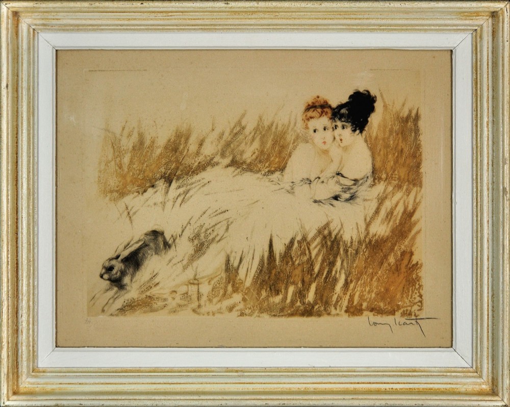 A 1920s hand-coloured Art Deco etching by Louis Icart depicting two startled women in long grass with a fleeing hare, presented in a light cream moulded frame.
