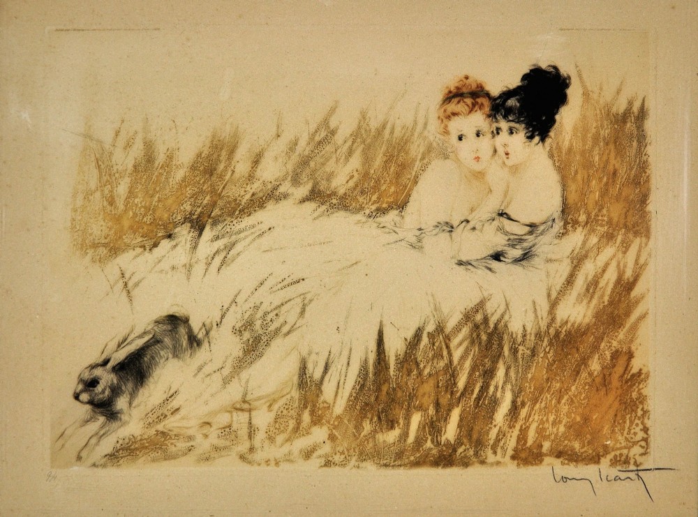 A 1920s hand-coloured Art Deco etching by Louis Icart depicting two startled women in long grass with a fleeing hare, presented in a light cream moulded frame. View II