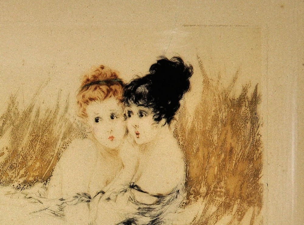 A 1920s hand-coloured Art Deco etching by Louis Icart depicting two startled women in long grass with a fleeing hare, presented in a light cream moulded frame. View VIII