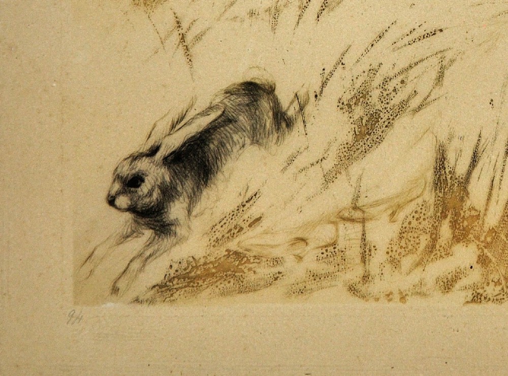 A 1920s hand-coloured Art Deco etching by Louis Icart depicting two startled women in long grass with a fleeing hare, presented in a light cream moulded frame. View IX