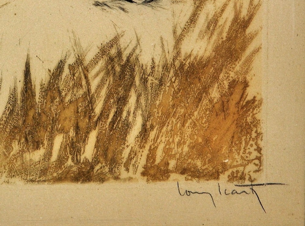 A 1920s hand-coloured Art Deco etching by Louis Icart depicting two startled women in long grass with a fleeing hare, presented in a light cream moulded frame. View X