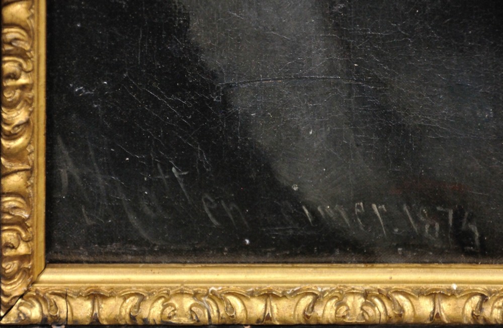 A 19th-century framed oil portrait depicting a bearded man wearing a hat and dark coat against a soft landscape background, housed in an ebonised frame with a gilt slip. View III