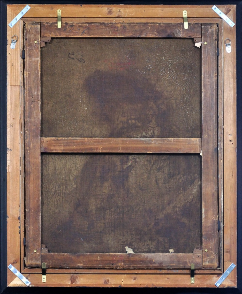 A 19th-century framed oil portrait depicting a bearded man wearing a hat and dark coat against a soft landscape background, housed in an ebonised frame with a gilt slip. View IV