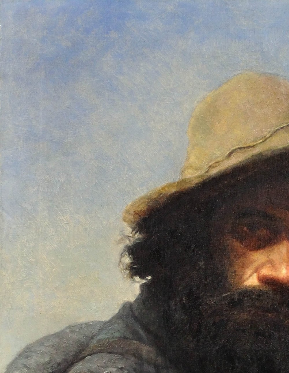 A 19th-century framed oil portrait depicting a bearded man wearing a hat and dark coat against a soft landscape background, housed in an ebonised frame with a gilt slip. View VI