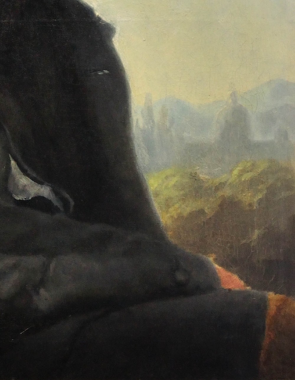 A 19th-century framed oil portrait depicting a bearded man wearing a hat and dark coat against a soft landscape background, housed in an ebonised frame with a gilt slip. View IX