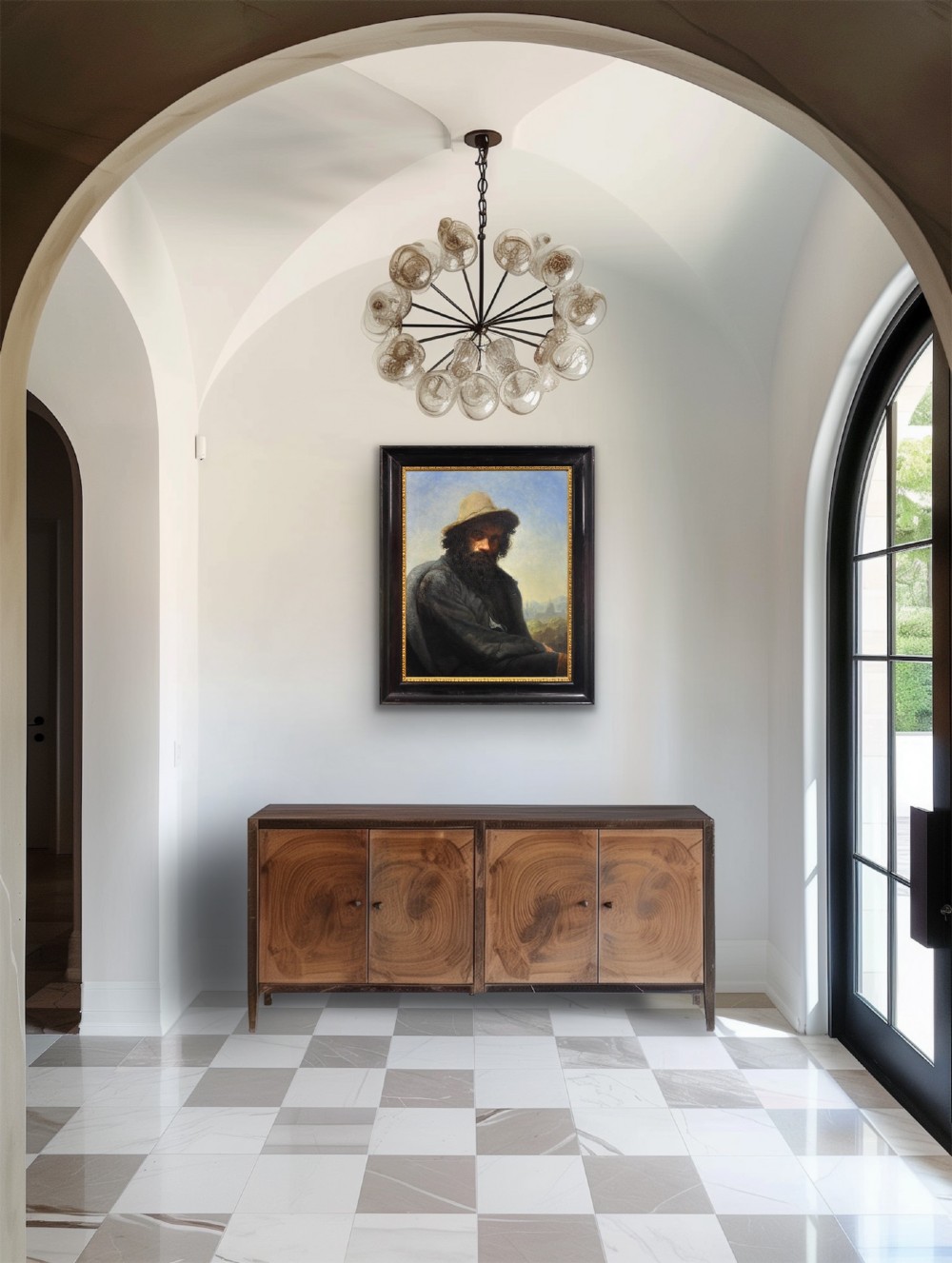 A 19th-century framed oil portrait depicting a bearded man wearing a hat and dark coat against a soft landscape background, housed in an ebonised frame with a gilt slip. View XIV