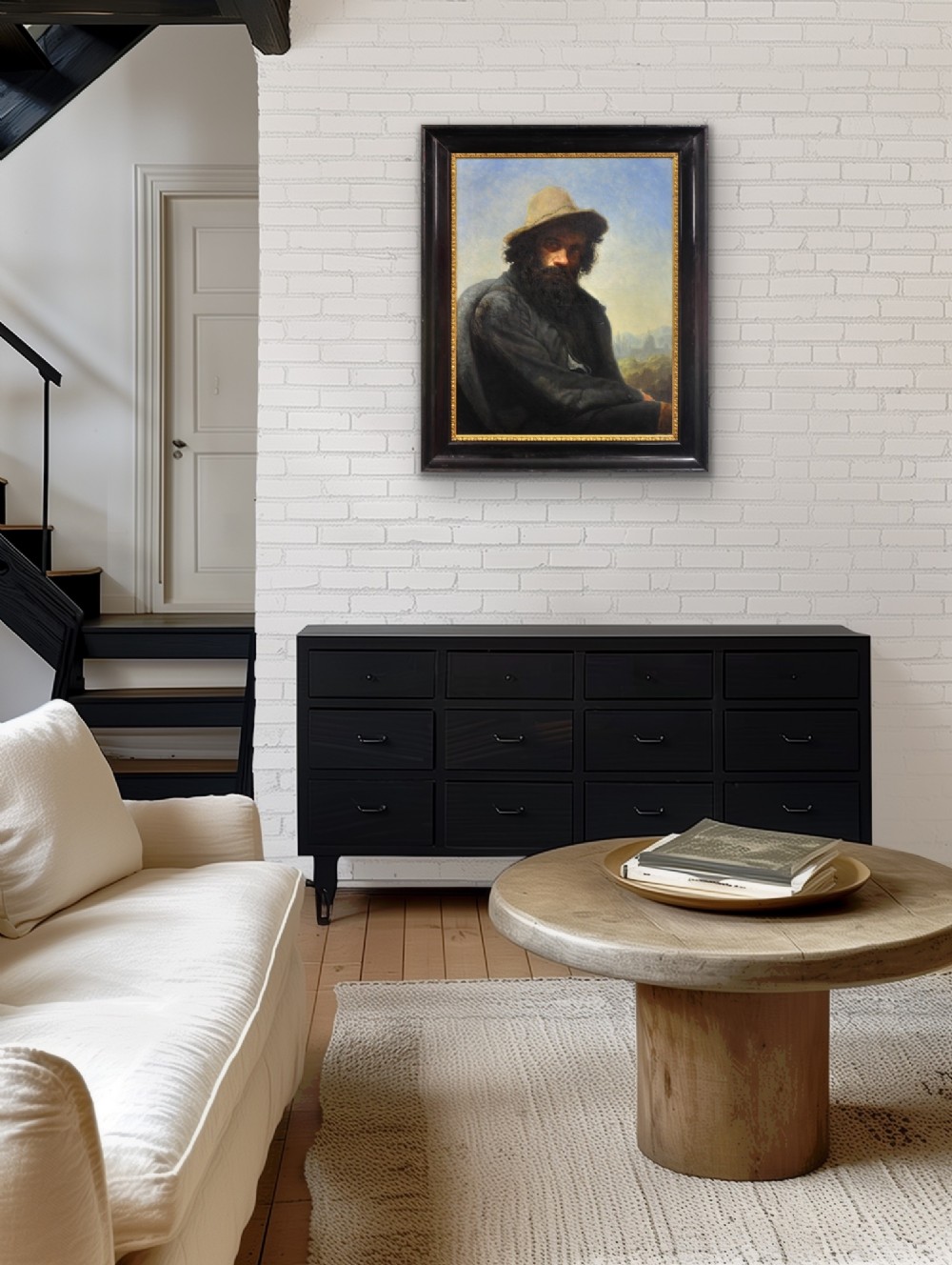 A 19th-century framed oil portrait depicting a bearded man wearing a hat and dark coat against a soft landscape background, housed in an ebonised frame with a gilt slip. View XV