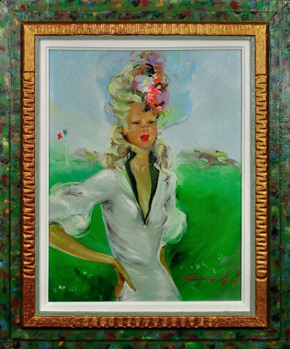 A mid-century oil painting depicting a blonde woman in a white dress and elaborate hat standing before a green racecourse, set within a textured gilt and painted frame.