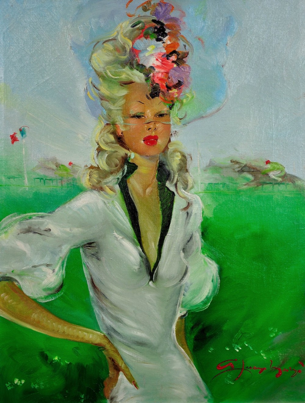 A mid-century oil painting depicting a blonde woman in a white dress and elaborate hat standing before a green racecourse, set within a textured gilt and painted frame. View II