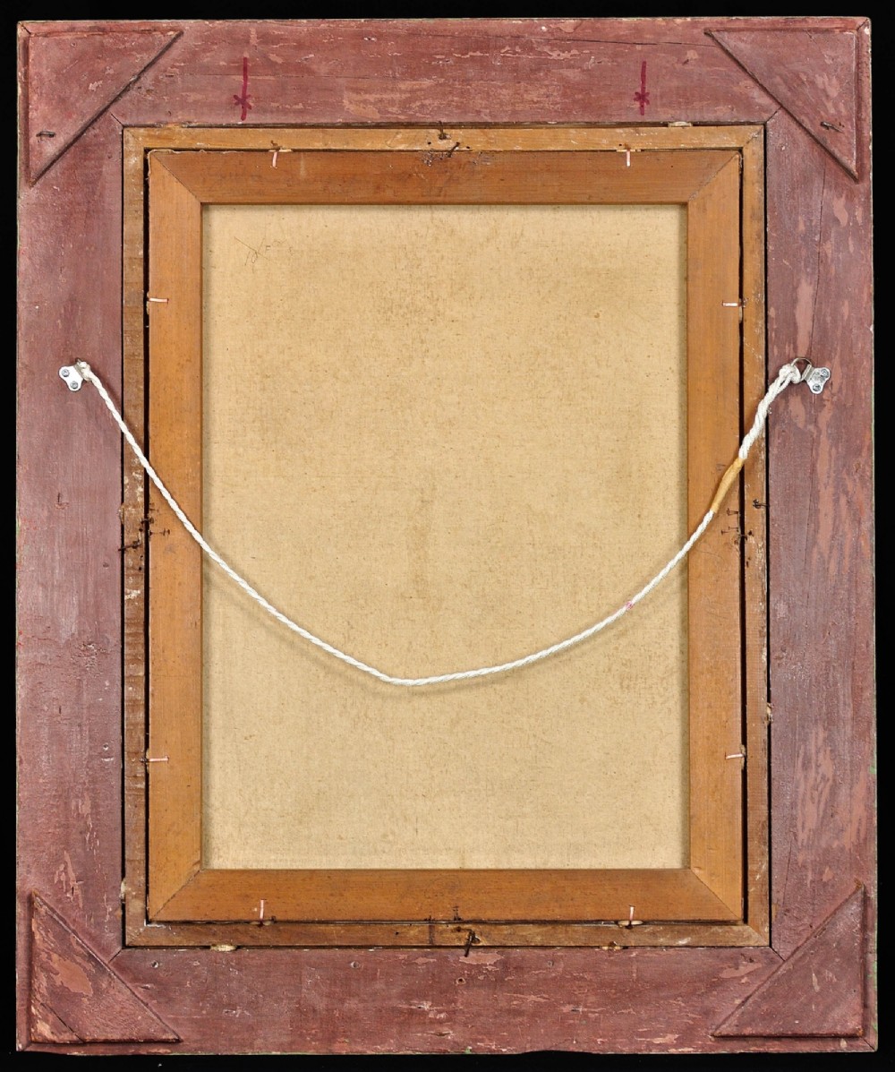 A mid-century oil painting depicting a blonde woman in a white dress and elaborate hat standing before a green racecourse, set within a textured gilt and painted frame. View IV