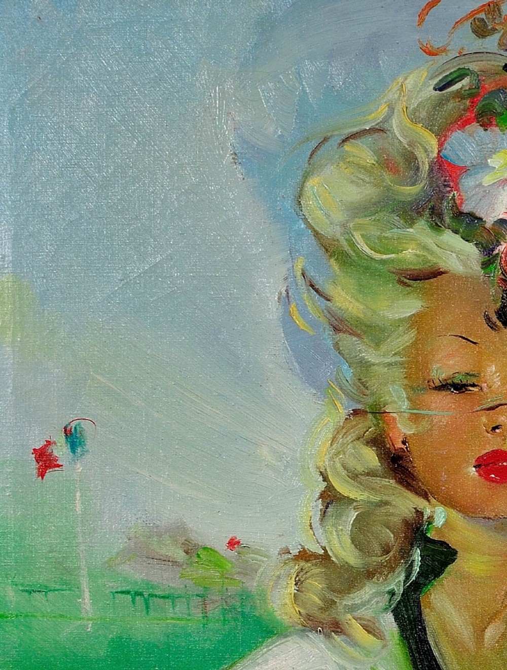 A mid-century oil painting depicting a blonde woman in a white dress and elaborate hat standing before a green racecourse, set within a textured gilt and painted frame. View VI
