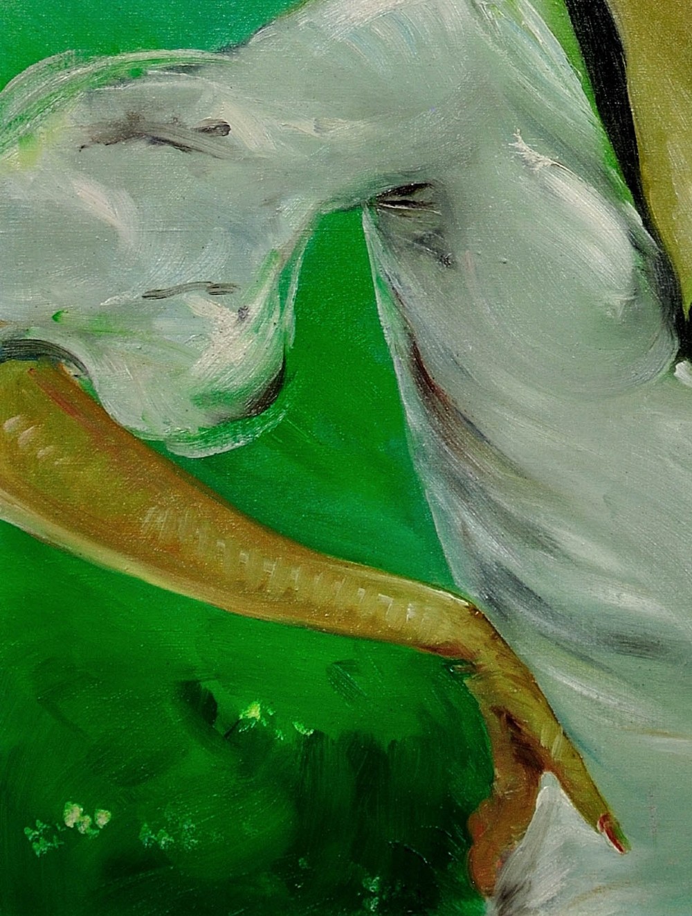A mid-century oil painting depicting a blonde woman in a white dress and elaborate hat standing before a green racecourse, set within a textured gilt and painted frame. View VIII