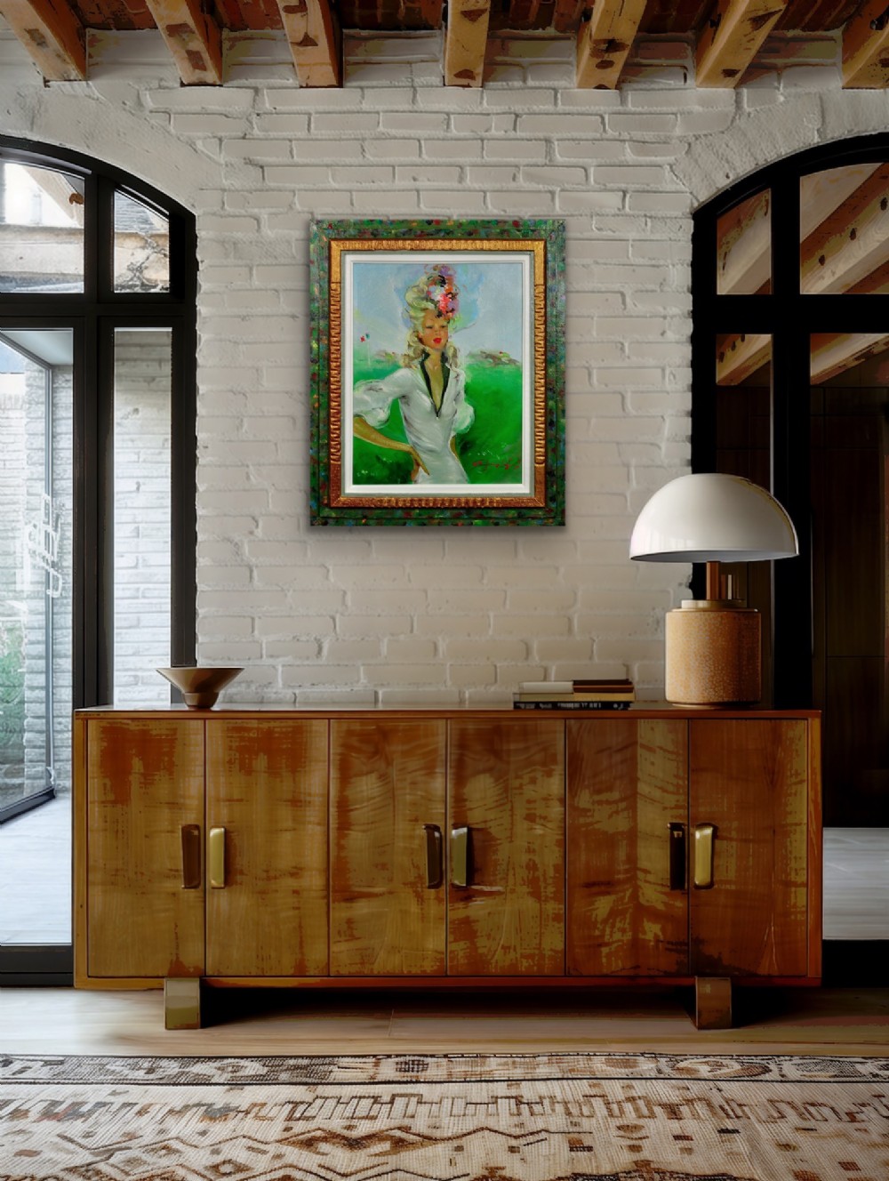 A mid-century oil painting depicting a blonde woman in a white dress and elaborate hat standing before a green racecourse, set within a textured gilt and painted frame. View X