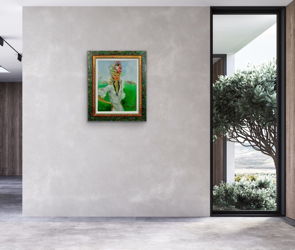 A mid-century oil painting depicting a blonde woman in a white dress and elaborate hat standing before a green racecourse, set within a textured gilt and painted frame. View XI