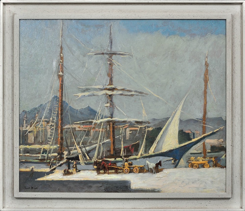 A framed 1930s oil painting depicting masted ships and horse-drawn carts along a harbour dock under a grey sky.