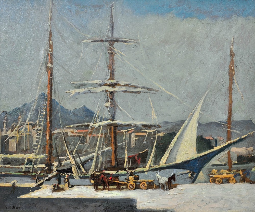 A framed 1930s oil painting depicting masted ships and horse-drawn carts along a harbour dock under a grey sky. View II