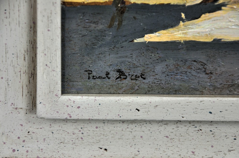 A framed 1930s oil painting depicting masted ships and horse-drawn carts along a harbour dock under a grey sky. View III