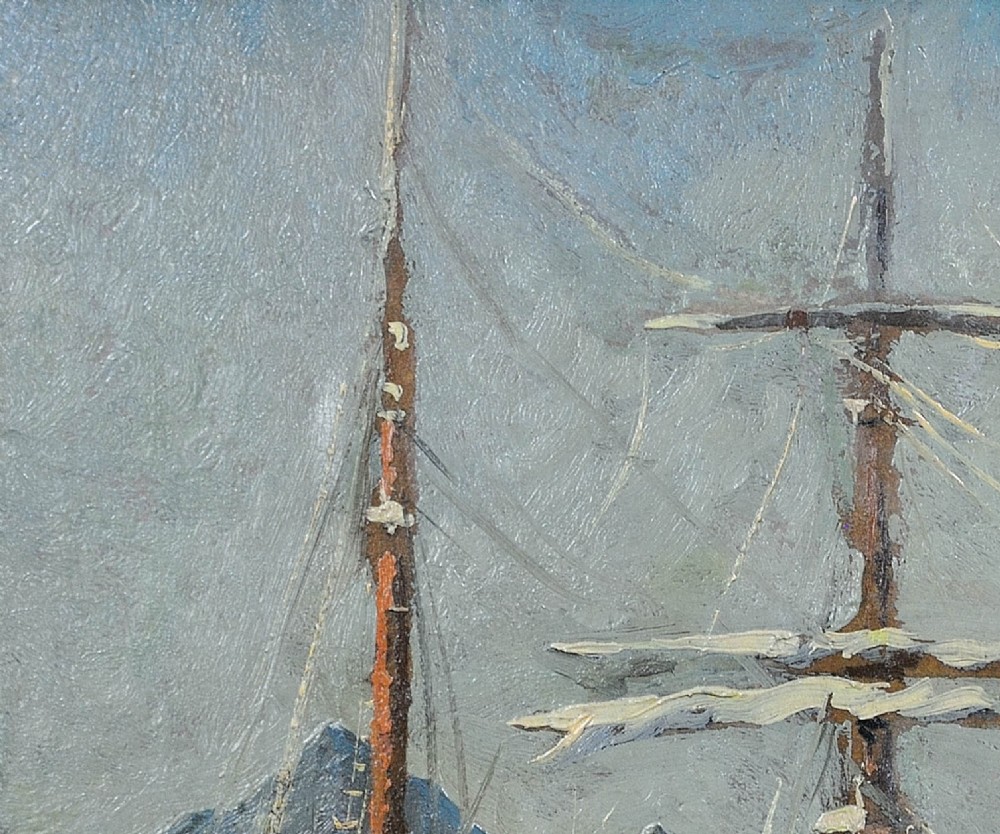 A framed 1930s oil painting depicting masted ships and horse-drawn carts along a harbour dock under a grey sky. View VI