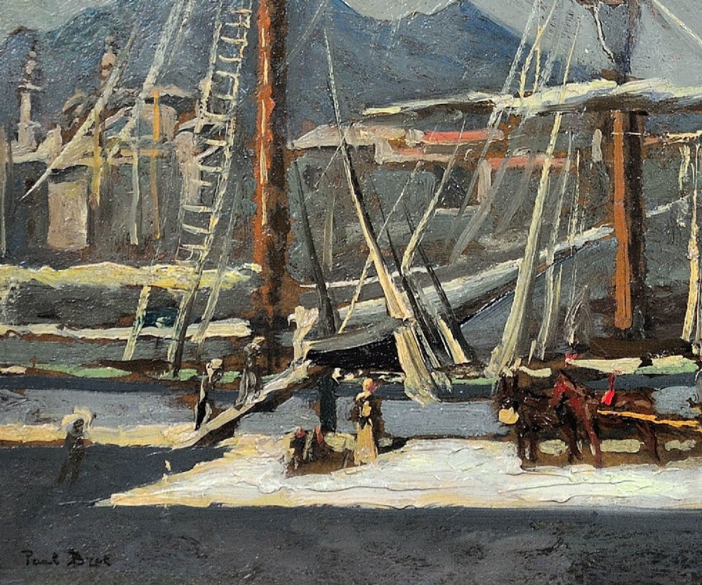 A framed 1930s oil painting depicting masted ships and horse-drawn carts along a harbour dock under a grey sky. View VIII