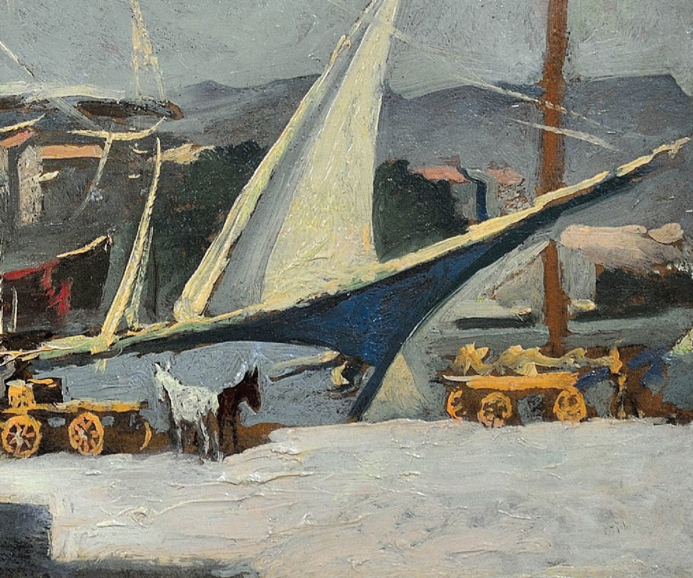 A framed 1930s oil painting depicting masted ships and horse-drawn carts along a harbour dock under a grey sky. View IX