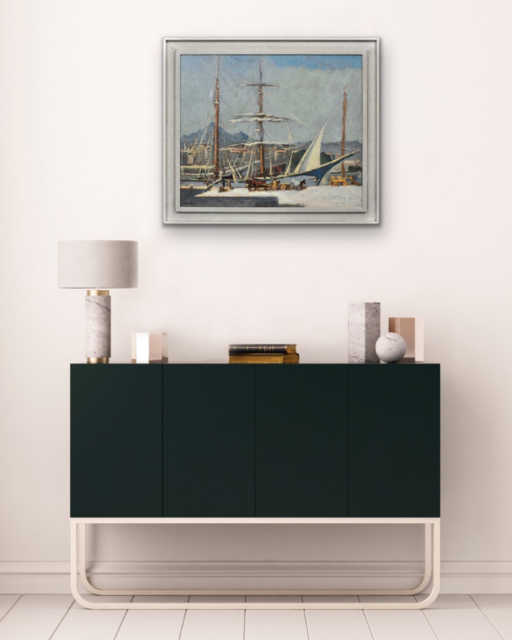 A framed 1930s oil painting depicting masted ships and horse-drawn carts along a harbour dock under a grey sky. View XI